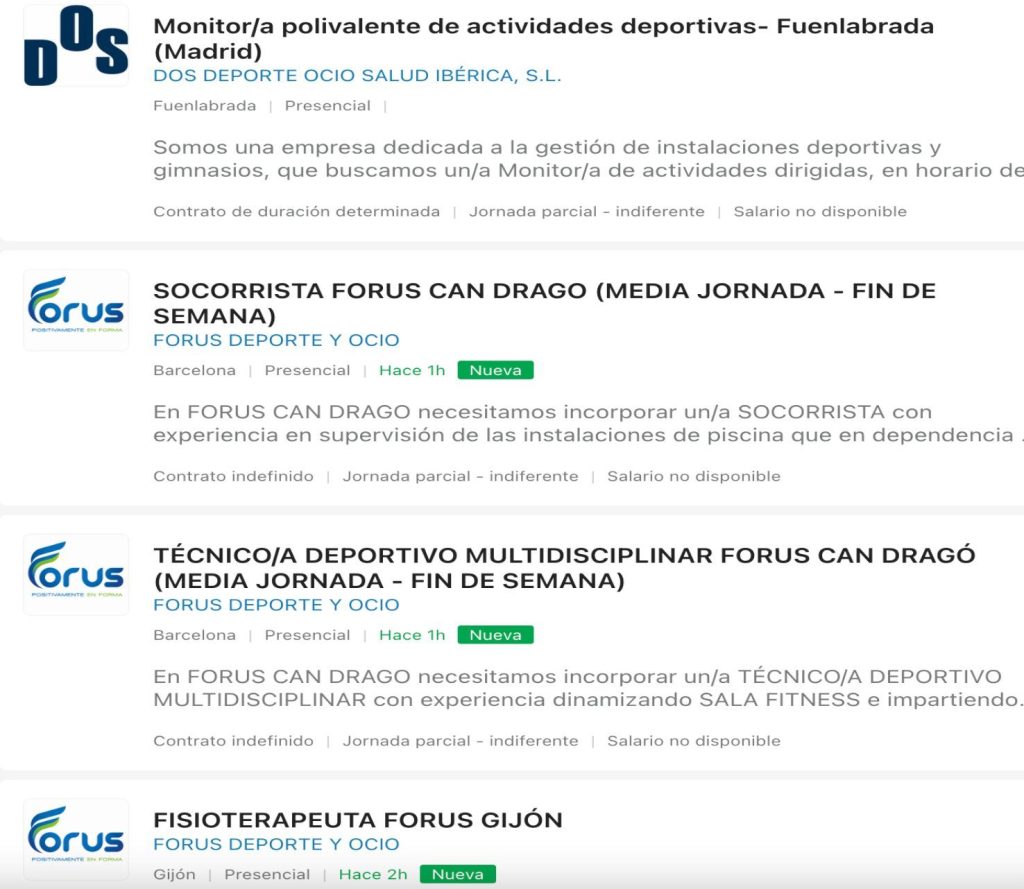 Ofertas de trabajo en centros deportivos