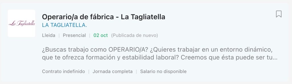 Ofertas de empleo en la fábrica de La Tagliatella