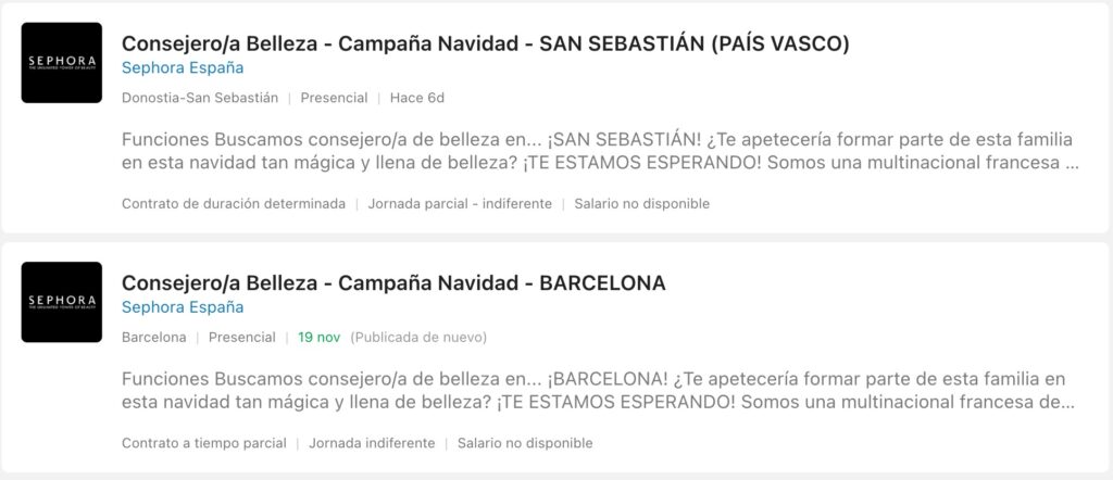 Ofertas de trabajo en Sephora en Navidad