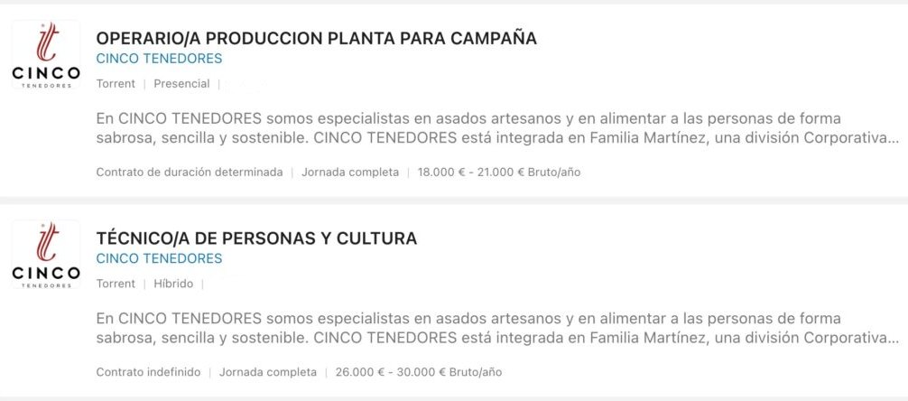 Ofertas para trabajar en la fábrica de Cinco Tenedores