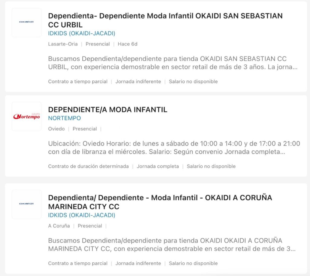 Ofertas para trabajar en tienda de ropa infantil