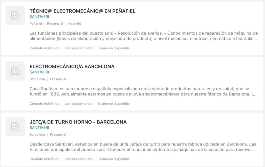 Ofertas de empleo para trabajar en la fábrica Santiveri