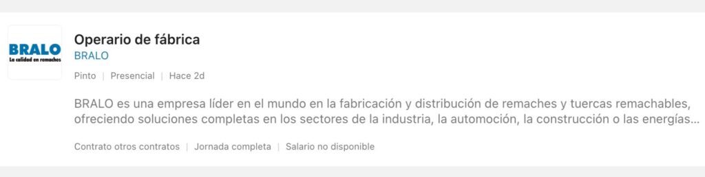 Ofertas de empleo para trabajar en Bralo