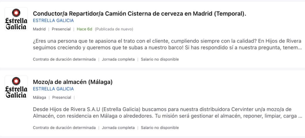 Ofertas de empleo para trabajar en el almacén de Estrella Galicia en Madrid