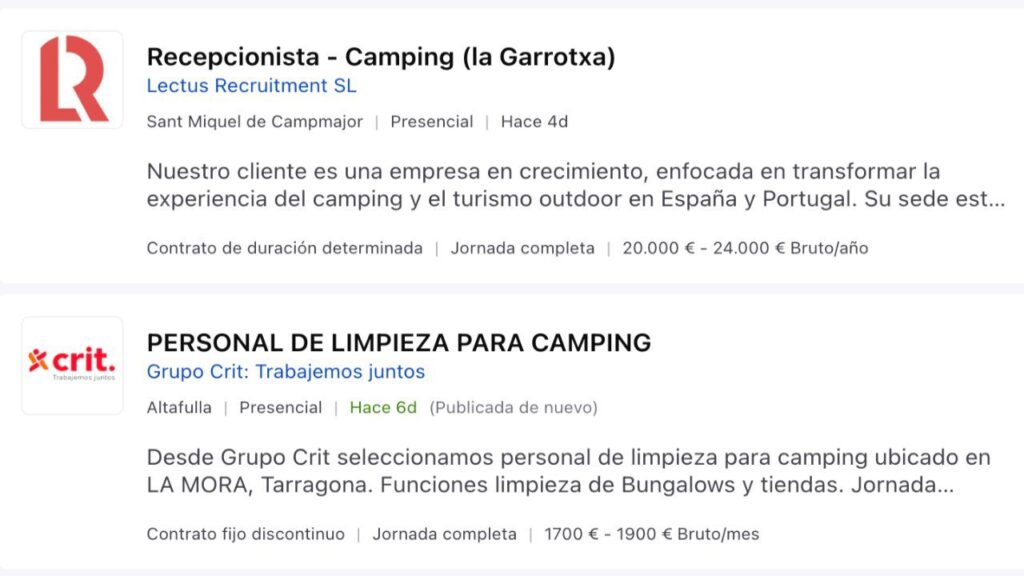 Ofertas de empleo en Camping