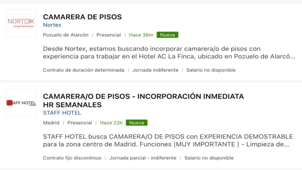 Publicadas ofertas de empleo para trabajar como camarera/o de pisos