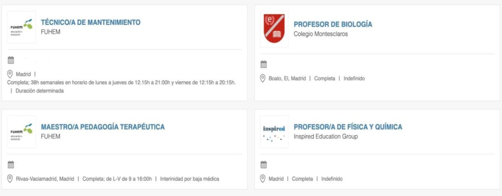 Ofertas de empleo para profesores en colegios de lunes a viernes