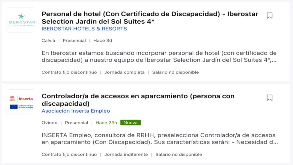 Ofertas de empleo para personas con discapacidad